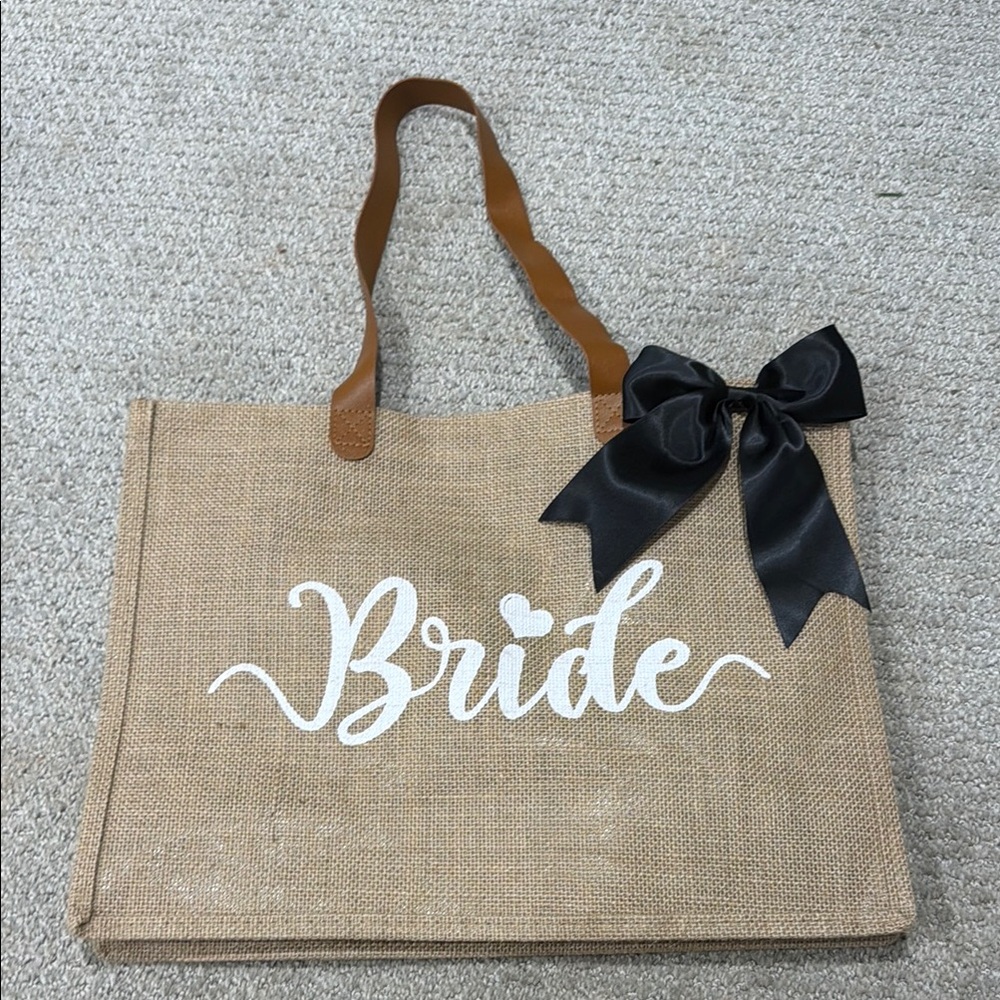 New Bride Burlap Tote Bag with Black Bow (never used)